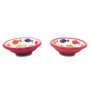 Signature Coloured Fish Hand Painted Ceramic Set of 4 Tapas Bowls Red Rim (Diam) 12cm