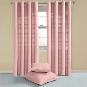 Homescapes Cotton Rajput Ribbed Pink Curtain Pair, 66 x 72" Drop