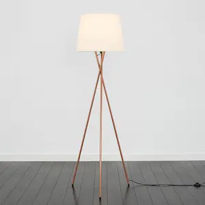 ValueLights Camden Modern Copper Metal Tripod Floor Lamp with Beige Tapered Shade - Includes 6w LED Bulb 3000K Warm White