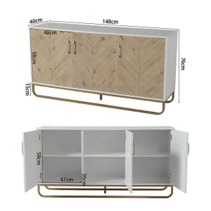 148 x 40 x 76cm Modern Wooden Side Cabinet with Metal Base 3 Doors and Storage Units