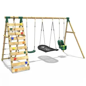 Rebo Wooden Swing Set with Up and Over Climbing Wall - Skye Green