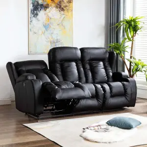 Caesar Manual High Back Luxury Bond Grade Leather Recliner 3 Seater Sofa (Black)