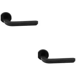 2 PACK - Premium Art Deco Door Handle Set - Matt Black Reeded Lever on Round Rose