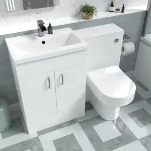 Nes Home 1100mm White Vanity Basin Cabinet, WC Unit & Back To Wall Toilet