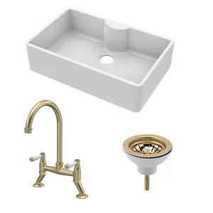 Fireclay Kitchen Bundle - Single Bowl Butler Sink with Tap Ledge, Waste & Lever Tap, 795mm - Brushed Brass - Balterley