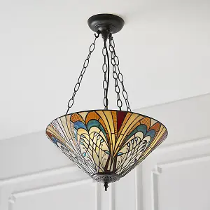 Luminosa Hector 3 Light Medium Inverted Ceiling Pendant Bronze, Tiffany glass, E27