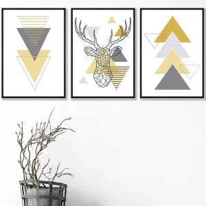 Set of 3 Geometric Line Art Yellow Stag Head Triangles Wall Art Prints / 42x59cm (A2) / Black Frame