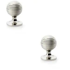 2 PACK - Reeded Ball Door Knob - 38mm Diameter Polished Nickel Lined Cupboard Pull Handle