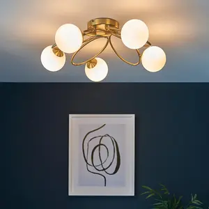 Semi Flush Multi Arm Ceiling 3 Light Fitting - Satin Brass & Opal Glass Shades