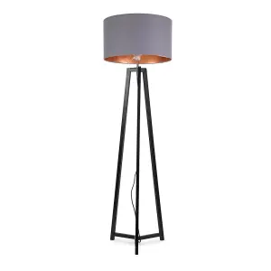 ValueLights Lottie Black Wood Tripod Floor Lamp with Grey/Gold Drum Shade - LED Bulb Included