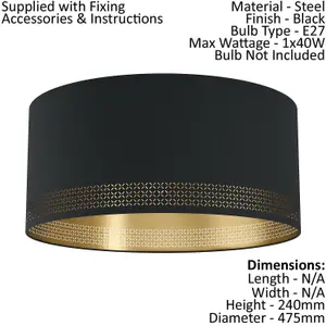 Wall Flush Ceiling Light Colour Black Shade Black Gold Fabric Bulb E27 1x40W