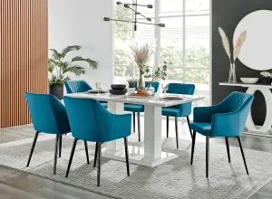 Imperia White High Gloss 6 Seater Dining Table with Structural 2 Plinth Column Legs 6 Blue Velvet Black Leg Calla Art Deco Chairs