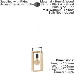 Hanging Ceiling Pendant Light Black & Natural Wood Frame 1 x 40W E27 Bulb