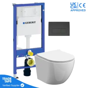 White Wall Hung Toilet Rimless Pan with Geberit Concealed Cistern Frame 112cm & Delta50 Matt Black Flush Plate