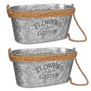 LIVIVO Zinc Plant Pot with Cotton Rope Handles - 'Flowers & Garden' Design for Outdoor or Indoor, Flower Herb & Pot