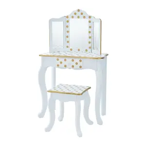 Teamson Kids Dressing Table, Play Vanity Set with Mirror & Stool - White/Gold/Polka Dots