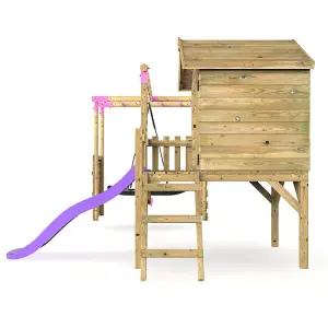 Rebo Orchard 4ft Wooden Children's Playhouse, Swings, Monkey Bars, Deck & 6ft Slide - Double Swing - Sage Purple