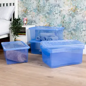 Wham Crystal Sparkle 5x 45L Plastic Storage Boxes with Lids Tint Sparkle Blue. Medium Size, Strong (Pack of 5, 45 Litre)