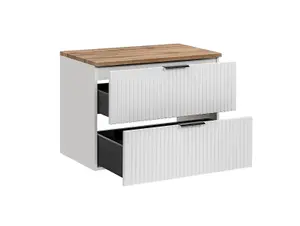 Vanity Unit Bathroom Cabinet with Drawer Wall Hung Ribbed White with Oak Effect Countertop Adel