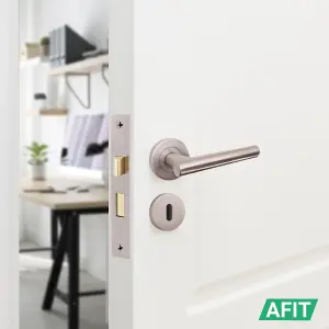 AFIT Door Handles Satin Nickel Key Lock Set Round T-Bar, Sash Lock, Hinges (76mm) & 2 Escutcheons Olvera