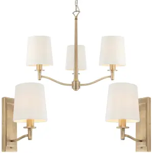 3 Bulb Ceiling Pendant Lamp & 2x Matching Wall Light Matt Antique Brass & Shade