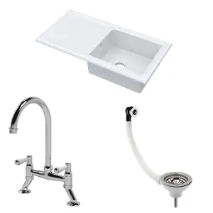 Fireclay Kitchen Bundle - Single Bowl Sink & Drainer, Waste & Bridge Lever Tap, 1010mm - Chrome