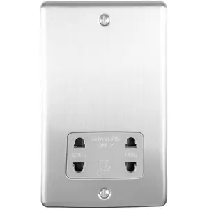 230v & 115v Shaver Twin Socket Wall Plate SATIN STEEL & Grey Trim 86mm x 146mm