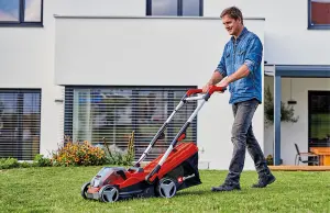 Einhell 34cm Cordless Lawnmower 36V Rotary With 2x 3.0Ah Batteries And Chargers Power X-Change 30L Grass Box - RASARRO 36/34