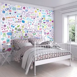 Origin Murals Social Doodle Text Purple Matt Smooth Paste the Wall Mural 300cm Wide X 240cm High