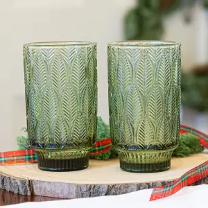 Set of 6 Vintage Luxury Green Trailing Leaf Drinking Tall Tumbler Glasses 450ml