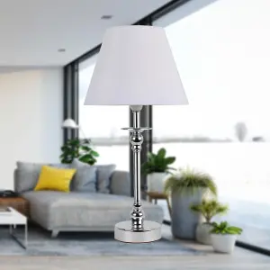 First Choice Lighting Chrome Plated Bedside Table Light with Ball Detail Column White Fabric Shade