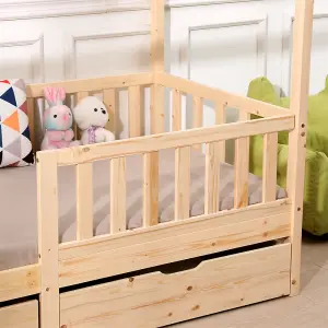 FurnitureHMD Wooden Kids Bed Frame,Solid Pine Wood,3 FT Single House Bed Frame,Chidren Floor Bed with Two Drawers