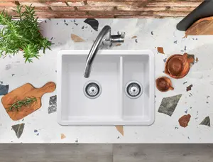 Clearwater Metro Ceramic White Kitchen Sink 1.5 Bowl Undermount/ Inset - MET1040 + Waste Kit