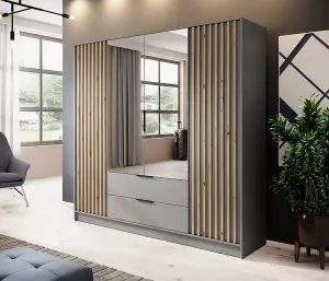 Nelly Contemporary Mirrored Hinged 4 Door Wardrobe Grey 2 Drawers 8 Shelves 1 Rail Lamela Decor (H)2000mm (W)2060mm (D)510mm