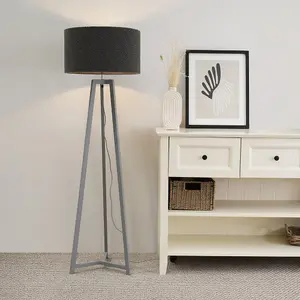 ValueLights Lottie Grey Wood Tripod Floor Lamp with Charcoal Grey Boucle Drum Shade