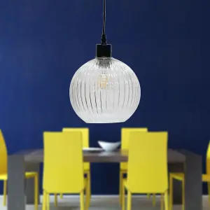 First Choice Lighting Set of 2 Betchley Clear Ribbed Glass Globe with Black Pendant Fittings