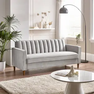 Furniturebox UK Velvet Sofa - 'Kit' 3 Seater Upholstered Beige Fabric Sofa - Vertical Stitching - Modern Living Room Furniture