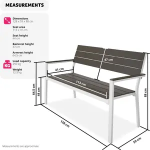 Garden Bench - 2-seater, weatherproof aluminium frame, 128 x 59 x 88 cm - light grey/white