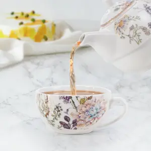 EHC Bell Flowers Design Porcelain Tea For One Tea-pot with Handle, Microwave, Oven & Dishwasher Safe, Gift Boxed,  490/Cup 320ml