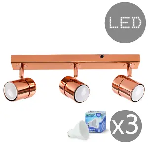 ValueLights Rosie Copper Ceiling Bar Spotlight and GU10 Spotlight LED 5W Cool White 6500K Bulbs