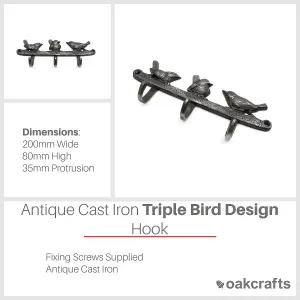 Oakcrafts - Antique Cast Iron Decorative Triple Bird Hooks