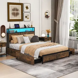 Costway Double Size Bed Frame Metal Bed Platform LED Light Headboard & 4 Storage Drawers