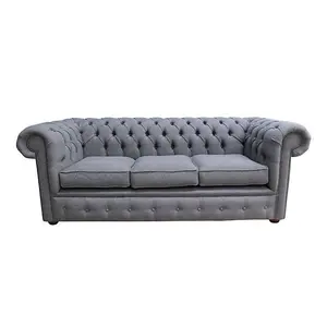 Chesterfield 3 Seater Sofa Charles Slate Grey Real Linen Fabric In Classic Style