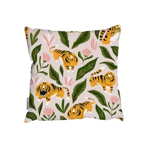 Cute Tigers And Tropical Leaves And Flowers (Cushion) / 45cm x 45cm