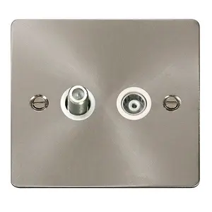 Flat Plate Satin / Brushed Chrome Satellite And Isolated Coaxial 1 Gang Socket - White Trim - SE Home