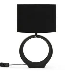 ValueLights Tia Black Hoop Ceramic Bedside Table Lamp with a Fabric Lampshade Living Room Light - Bulb Included