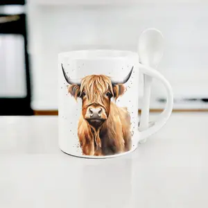 Highland Cow Mug & Spoon Set - Ceramic Tea Coffee Hot Chocolate Gift/Present