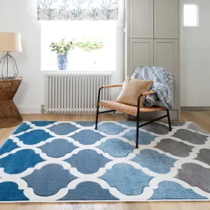 Navy Blue Grey Modern Trellis Living Area Rug 190x280cm