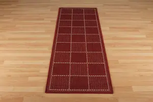 Modern Bordered Easy to Clean Chequered Flatweave Anti-Slip Red Rug for Dining Room-80cm X 150cm