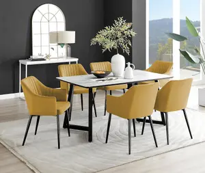 Furniturebox UK Carson White Marble Effect Dining Table & 6 Mustard Calla Black Leg Chairs